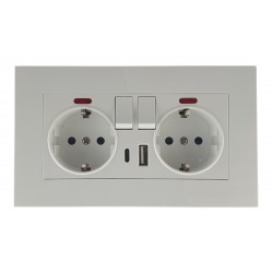 Priza dubla cu impamantare si indicator luminos, USB-A , USB-C mobilier sau rigips