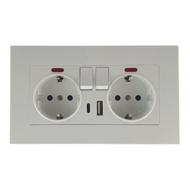 Priza dubla cu impamantare si indicator luminos, USB-A , USB-C mobilier sau rigips